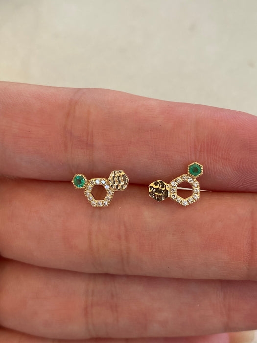 14K Gold Emerald & Diamond Molecule Stud Earrings