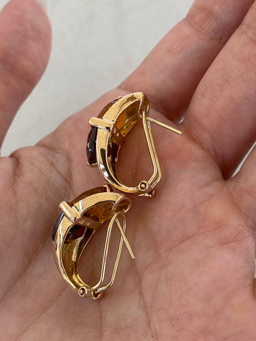 Vintage 14K Gold Garnet, Citrine & Diamond Half Moon Earrings with Omega Backs