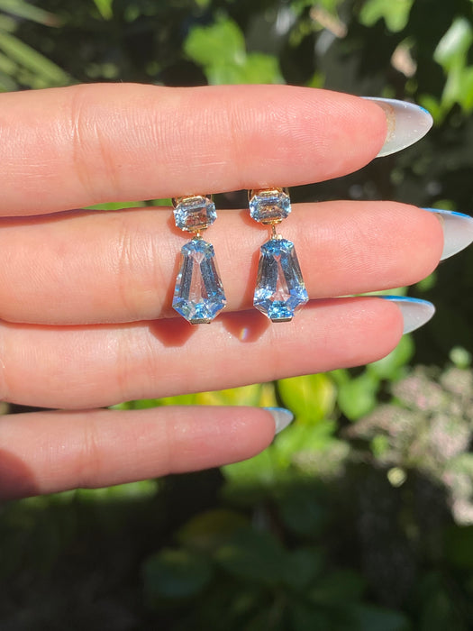 18K Gold Geometric Blue Topaz Dangle Earrings – 9.4ct