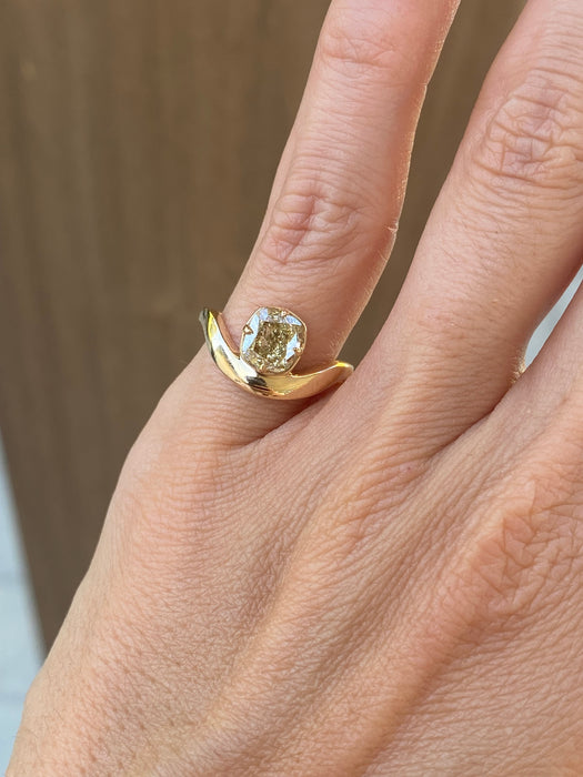 14K Gold 1.02 Carat Natural Yellow Cushion Diamond Wavy Ring