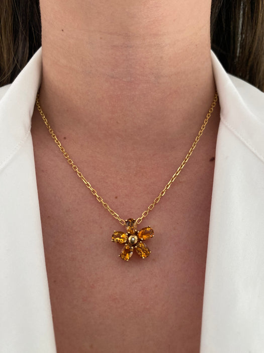 Vintage 14K Gold Citrine Diamond Flower Slider Pendant