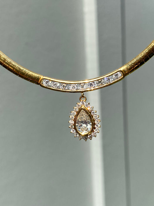 Vintage 18K Gold Diamond Herringbone Necklace 16” – 2.65 TCW Pear Halo Pendant