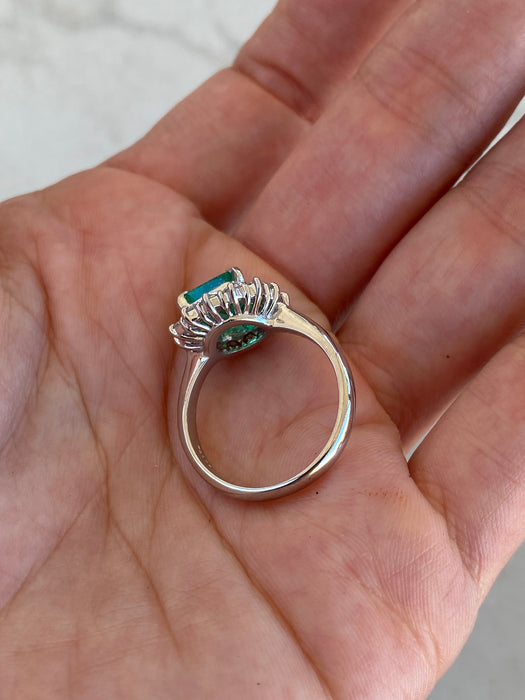Vintage Platinum 900 Natural Emerald & Diamond Halo Ring