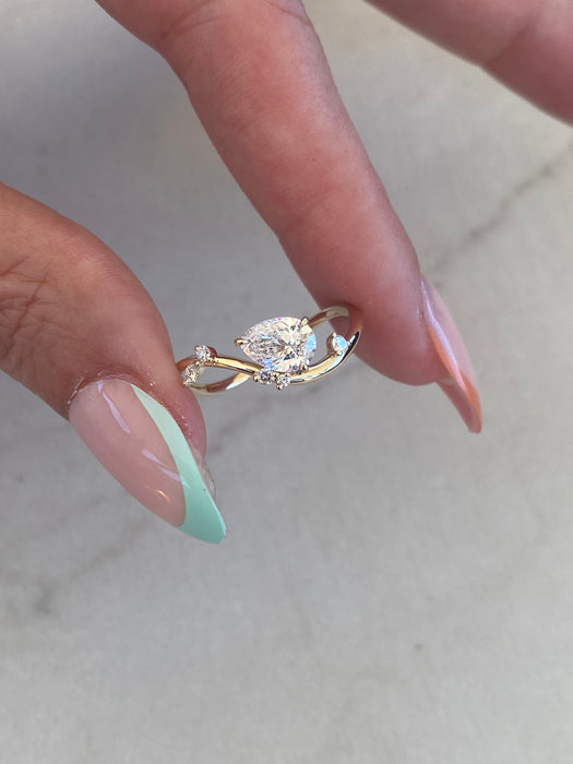 14K 0.85 TCW Wavy Pear Lab Diamond Ring