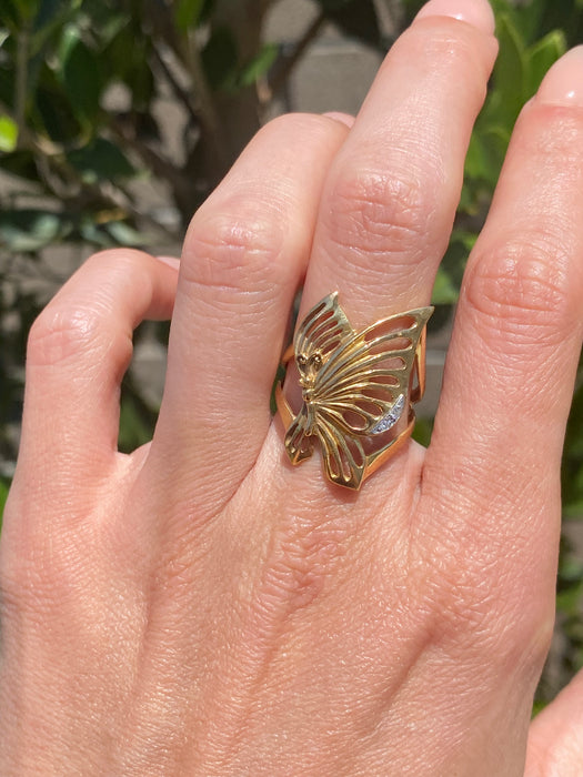 Vintage 18K Gold Diamond Butterfly Ring – Size 7