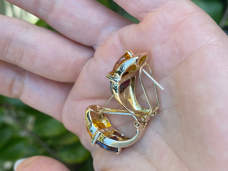 Vintage 14K Gold Garnet, Citrine & Diamond Half Moon Earrings with Omega Backs