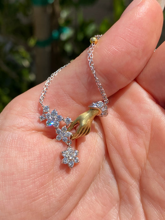 Vintage Two-Tone 18K Platinum 900 Diamond Hand & Flower Necklace