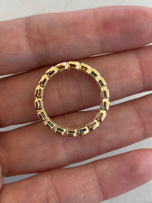 14K Gold 4.89 Carat Rainbow Sapphire Emerald Cut Eternity Ring Size 8