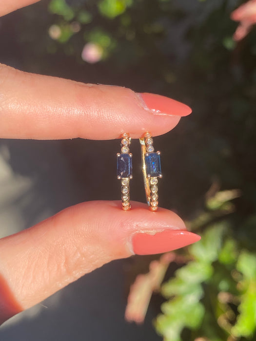 14k blue sapphire diamond huggie earrings