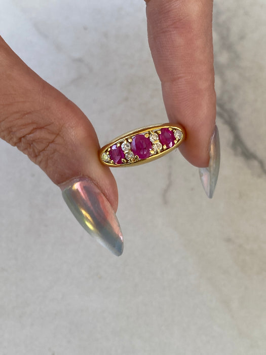 18K Gold Three-Stone Oval Ruby & Diamond Ring
