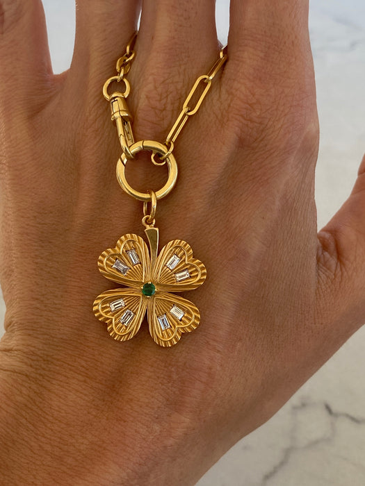 14K Gold Fluted Diamond & Emerald Four-Leaf Clover Charm