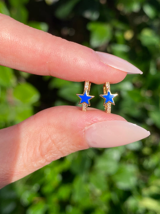 14k blue enamel diamond star Huggie earrings