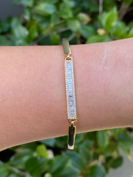 14k Gold Natural Baguette Round Diamond Flexible Bangle Bracelet