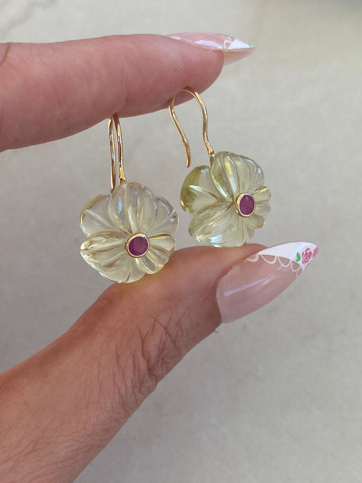 18K Carved Lemon Quartz & Ruby Drop Earrings