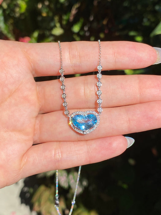 14k white gold blue topaz diamond heart necklace