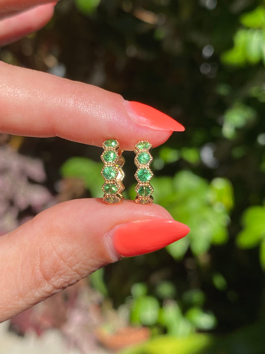 14K Gold Hexagon Tsavorite Garnet Huggie Earrings