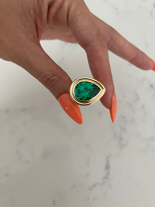 14K Gold Bezel-Set Lab Emerald Pear Pinky Ring
