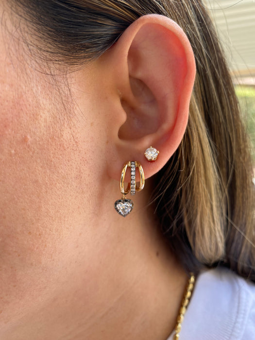 14K Gold Triple Huggie Heart Lab Diamond Earrings