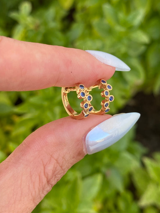 14K Gold Blue Sapphire Bezel Set Huggie Earrings