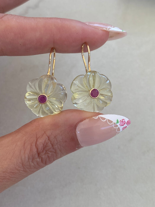18K Carved Lemon Quartz & Ruby Drop Earrings