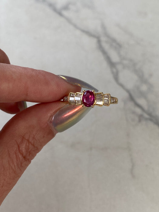 Vintage 18K Ruby & Diamond Ring with Baguette Accents
