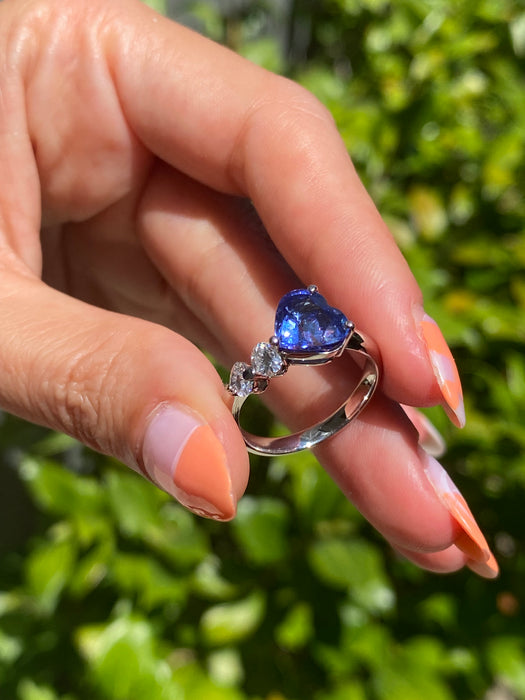 Platinum blue sapphire diamond heart ring size 6.5