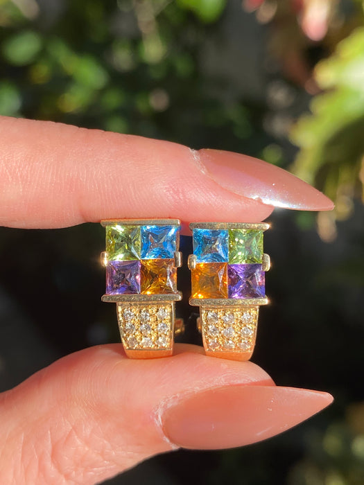 Vintage 14K Rainbow Gemstone & Diamond Omega Back Earrings