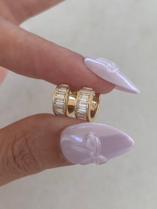 14K Gold Bezel Set Lab Diamond Emerald Cut Huggie Earrings – 1.7 CTW