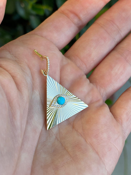 14k fluted triangle evil eye turquoise diamond charm