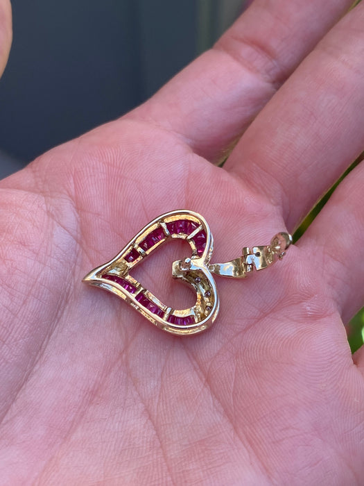 Vintage 14K Gold Princess Cut Ruby & Diamond Heart Pendant