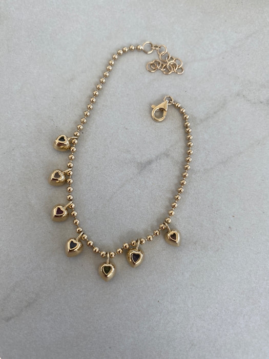 14K Gold Multi-Color Sapphire Heart Bead Bracelet
