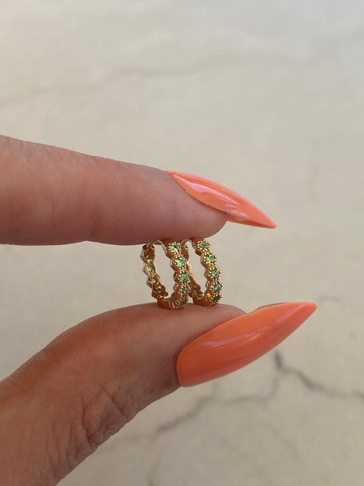 14K Gold Green Tsavorite Garnet Hexagon Huggie Earrings