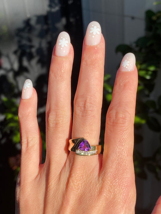 Vintage 14K Gold Trillion Amethyst Diamond Ring – Size 6.5
