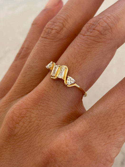 14K Gold Lab Diamond Baguette Trillion Wavy Ring
