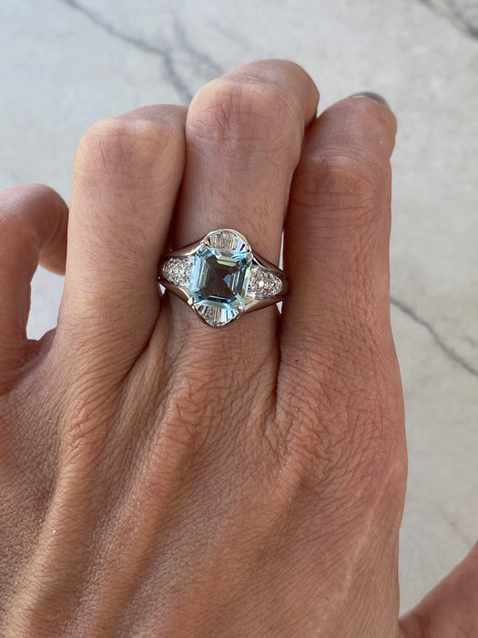Vintage Platinum 900 Step-Cut Aquamarine & Natural Diamond Ring – 2.02 Carats
