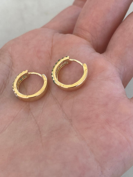 14K Natural Emerald & Diamond Huggie Earrings