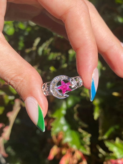 18k white gold baguette diamond kite ruby moon ring size 8.5