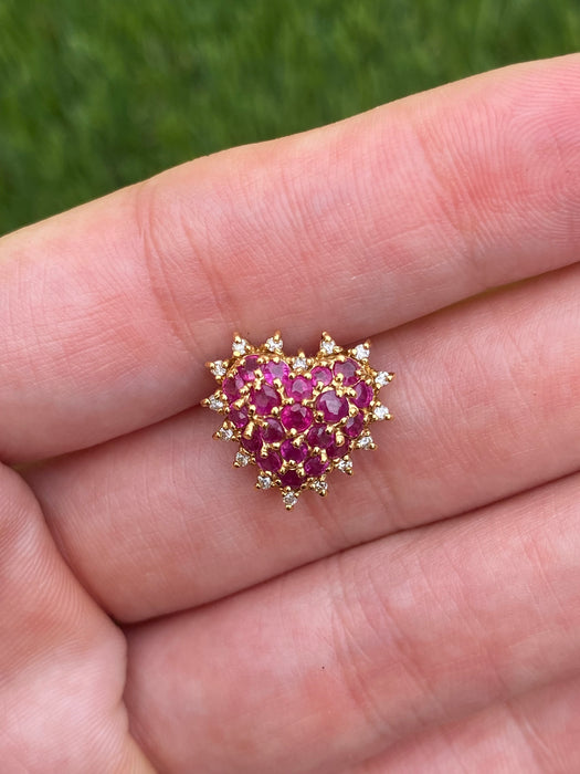 Vintage 18K Gold Ruby Diamond Heart Charm Pendant