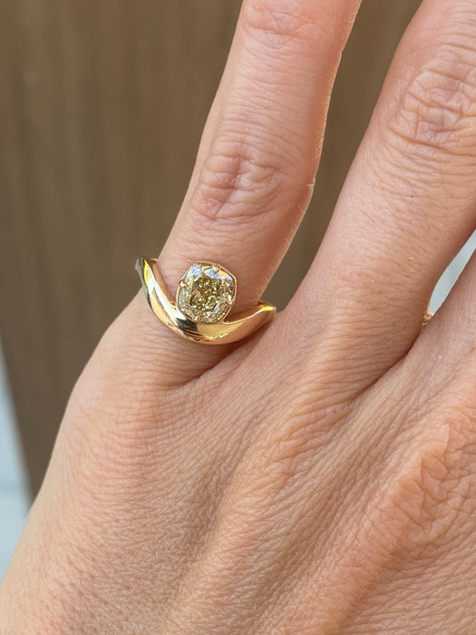 14K Gold 1.02 Carat Natural Yellow Cushion Diamond Wavy Ring