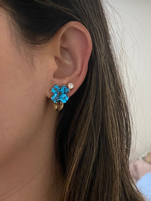 Vintage 14K Gold Blue Topaz Heart Flower Earrings
