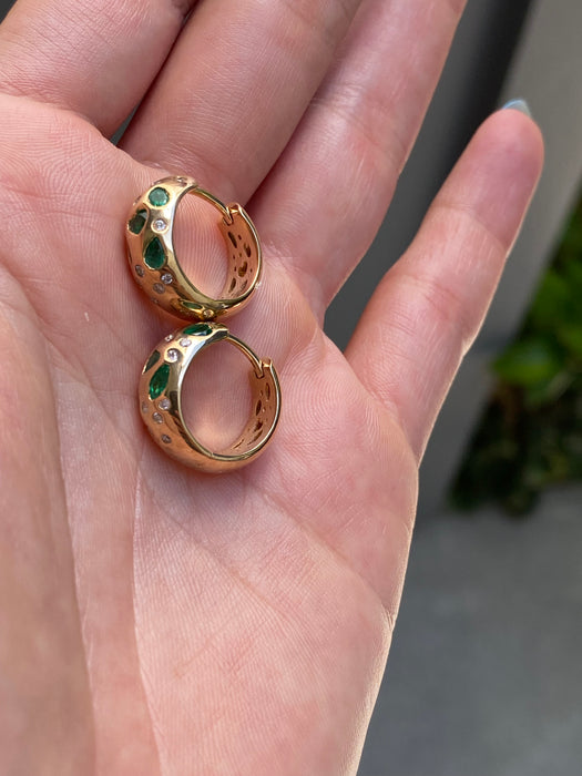 14k emerald fancy diamond heart hoop earrings