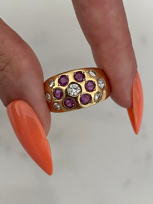 Vintage 18K Ruby and Diamond Flower Ring – Flush Set – 0.80 TCW Rubies – Size 6