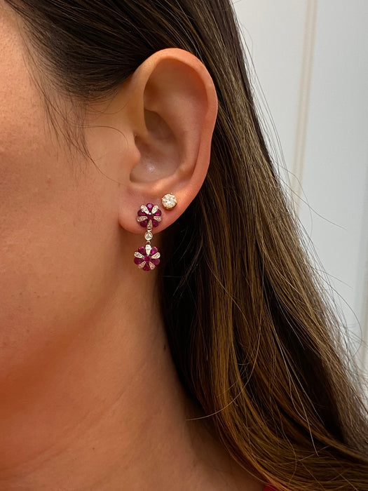 Vintage 18K White Gold Ruby & Diamond Flower Drop Earrings – 1.08 TCW Rubies