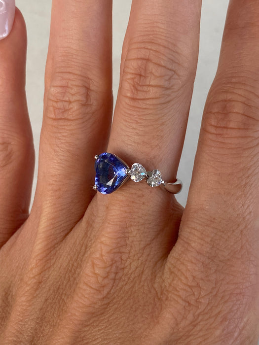 Vintage Platinum 900 Blue Sapphire Heart & Diamond Ring –Size 6.5