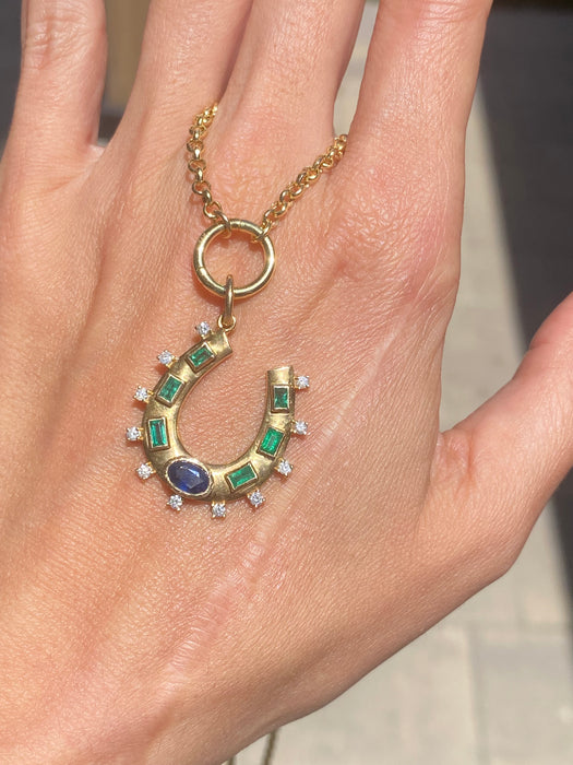 14K Gold Diamond, Emerald & Blue Sapphire Horseshoe Pendant