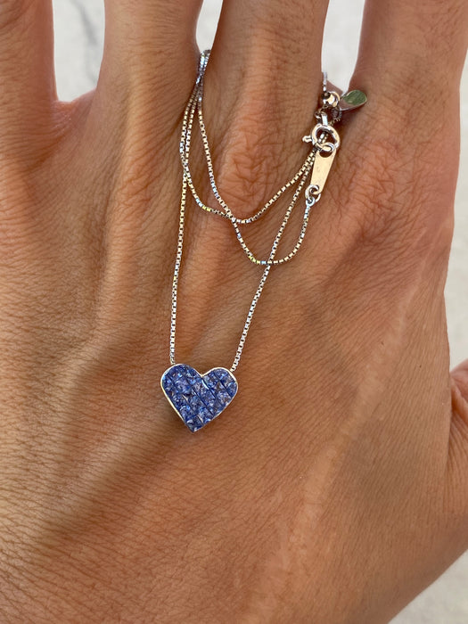 Vintage 18K White Gold Invisible-Set Blue Sapphire Heart Slider Necklace