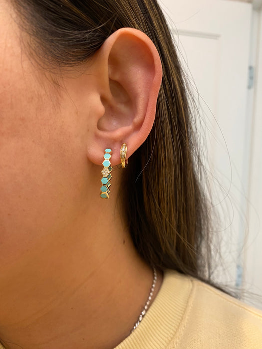 14k blue enamel diamond hexagon huggie hoop earrings