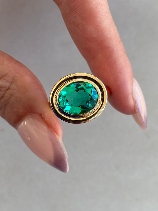 14K Double Bezel 3.4 Carat Lab-Grown Emerald Oval Ring
