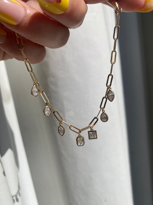14k Gold Lab Diamond Bezel Charms Paperclip Bracelet With Dog Clip