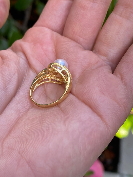Vintage 14K Gold Pearl and Diamond Ring – Size 5